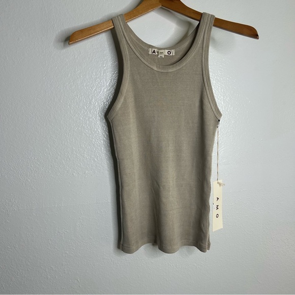 NWT AMO 100% Cotton Ribbed Scoop Neck Tan Tank Top - Picture 4 of 10
